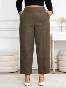 SHEIN Clasi Karomuster Lange Hose für Große Größen, Lässig/bürotauglich, gerades Bein - Kaffeebraun - Übersicht 3