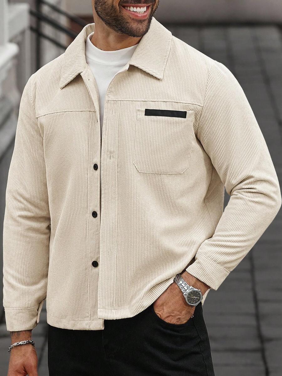 Manfinity Homme Plus Size Men's Long Sleeve Casual Versatile Corduroy Shacket , Fall Winter