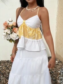 Sunnyshic 女士夏季度假休闲佩斯利拼布细肩带吊带背心 - 黃色 - 查看 5