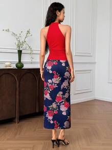 EastFlair 女式无袖镂空修身短款上衣和开衩下摆迷你裙两件套