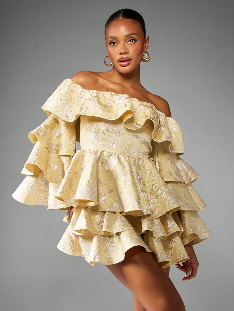 MISSGUIDED Off Shoulder Ruffle Mini Dress Jacquard Brocade Special Occasion Wedding Guest Puff Sleeve Tiered Layered Party Holiday Celebration Reception Glamorous Statement Dress - Multicolor - View 1
