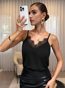 Lavishia Contrast Lace Cami Top - Black - View 5