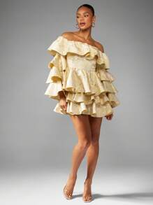MISSGUIDED Off Shoulder Ruffle Mini Dress Jacquard Brocade Special Occasion Wedding Guest Puff Sleeve Tiered Layered Party Holiday Celebration Reception Glamorous Statement Dress - Multicolor - View 3