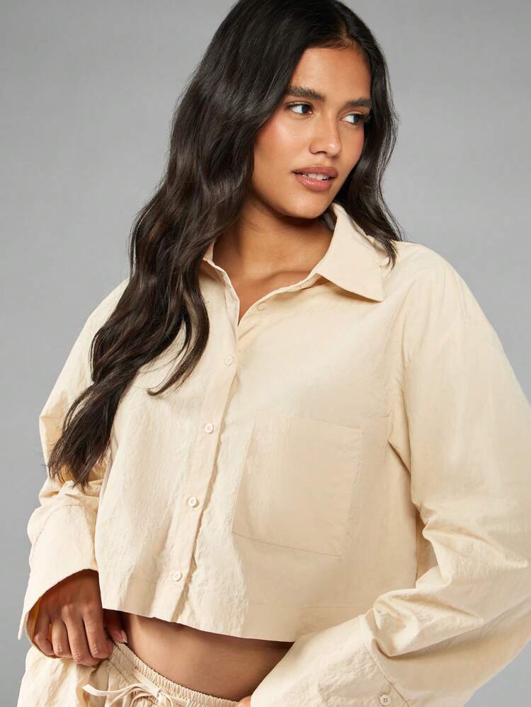 MISSGUIDED Deep Cuff Cropped Button Down Collar Shirt Lightweight Resort Wear Summer Linen Feel Look Modern Style Spring Beach Holiday Casual Office Top