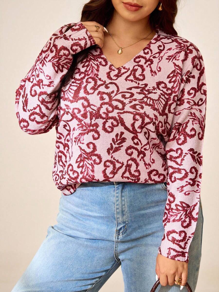 Elaquor Damen Große Größen Floral V-Ausschnitt Langarm Lässig Loose Pullover - Pink - Übersicht 1