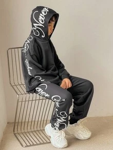 SHEIN 2 件 Tween Boy 休闲街头字母图案连帽衫和黑色裤子套装，适合秋冬休闲、户外、学校、派对 - 黑色 - 查看 4