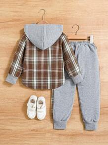 SHEIN Playful Pals 2 件套男童格子连帽夹克和运动裤套装，春秋季幼儿格子男童格子夹克 - 棕色 - 查看 2