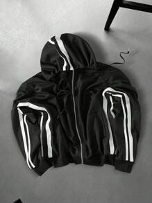 Manfinity Roghcode Sudadera con capucha de bloques de color y rayas con cremallera y cordón, sudadera negra para hombre - Negro - Ver 1