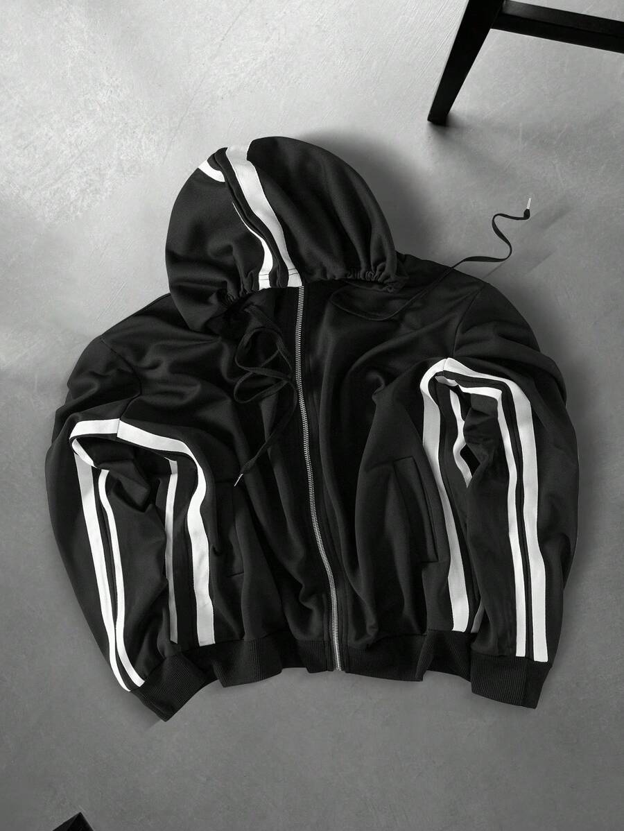 Manfinity Roghcode Sudadera con capucha de bloques de color y rayas con cremallera y cordón, sudadera negra para hombre - Negro - Ver 1