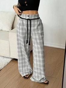 SHEIN EZwear 2025新款时尚女式休闲宽松格子阔腿基本款裤子外出教师女士返校节冬季秋季女士返校节2000年代风格街头服饰Y2K - 彩色 - 查看 7