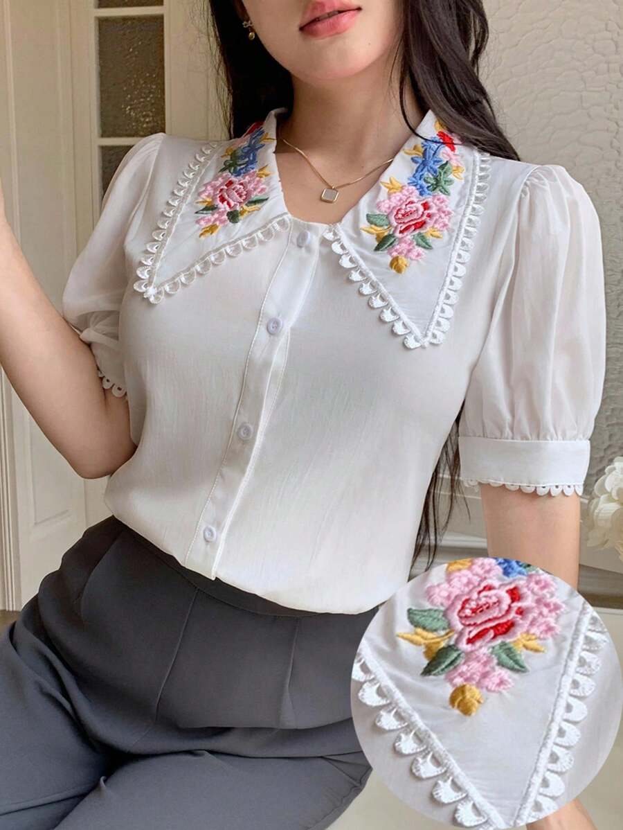 Modelyn Chemise blanche à col brodé, nouvelle arrivée, à la mode - Blanc - Voir 1