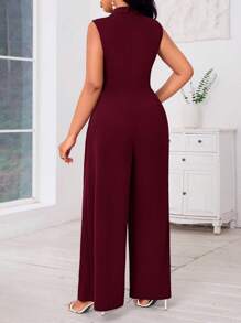 SHEIN Lady 加大码女式蓝色无袖阔腿连体裤，交叉领口和珍珠装饰，演唱会女装，女式连体裤，四季款 - 酒紅色 - 查看 3