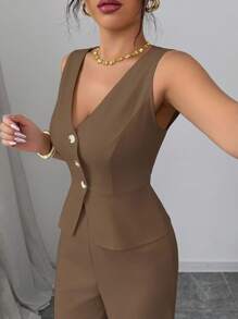 SHEIN Tall Women's Business Chic Sleeveless Blazer Vest & Pants Suit Set, Summer Commuting Old Money Style