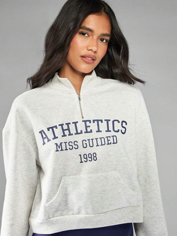MISSGUIDED Sudadera vintage de media cremallera con cuello alto, letra universitaria clásica, estilo retro deportivo casual, longitud corta, manga larga, para otoño e invierno, ropa de estar en casa