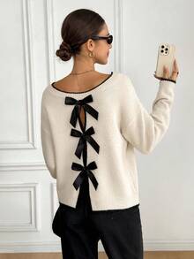 Serisse 女士时尚优雅蝴蝶结肩部长袖毛衣，后背饰有蝴蝶结，适合秋季、外出、新年、派对、毕业典礼、休闲、舞会等场合，是冬季外出上衣的理想之选。 - 杏色 - 查看 4