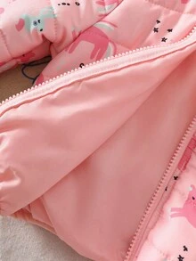 SHEIN 女婴厚连帽夹克，柔软蓬松的粉色印花冬季外套 - 彩色 - 查看 4