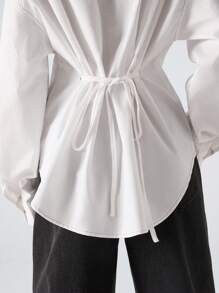 LYSMO 女式休闲纯色纽扣长袖衬衫 - 白色 - 查看 3