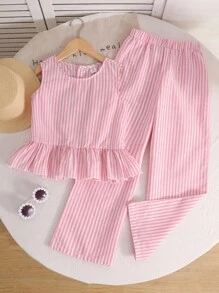 Tween 女童粉色条纹宽松休闲无袖圆领梭织衬衫搭配梭织宽松阔腿裤两件套 - 粉色 - 查看 3