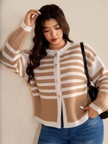 Elaquor 秋冬大码休闲拼色条纹开衫 - 杏色 - 查看 5