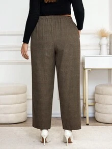 SHEIN Clasi Karomuster Lange Hose für Große Größen, Lässig/bürotauglich, gerades Bein - Kaffeebraun - Übersicht 2