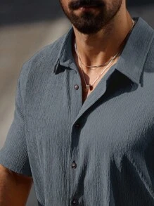 Manfinity Homme Plus Size Men's Solid Color Short Sleeve Shirt And Shorts Set - Dark Grey - View 3