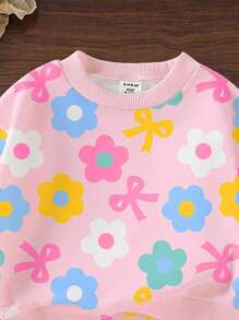 SHEIN 女婴花卉蝴蝶结印花全印花圆领运动衫和运动裤粉色可爱套装，秋冬 - 黑色 - 查看 5