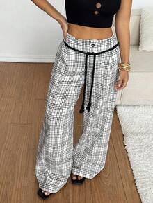 SHEIN EZwear 2025新款时尚女式休闲宽松格子阔腿基本款裤子外出教师女士返校节冬季秋季女士返校节2000年代风格街头服饰Y2K - 彩色 - 查看 3