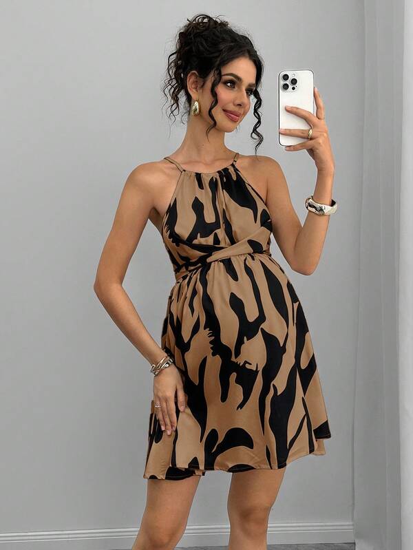 Momance Vestido midi con estampado floral, volantes y sin mangas para embarazadas, ideal para vacaciones