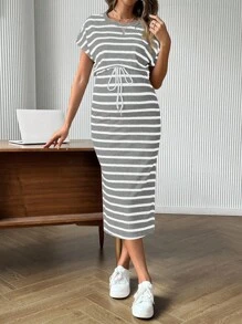 SHEIN 休闲条纹下摆H字形抽绳腰孕妇装 - 灰色 - 查看 5