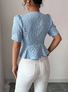 Elenzga 女士优雅修身荷叶边纹理衬衫 - 藍色 - 查看 2