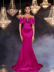 Glamrae Váy dài chấm đất, eo cao, viền đuôi cá, cổ tim, thắt nơ lớn, đính pha lê thủ công màu tím thanh lịch và tinh tế, thích hợp cho các buổi hẹn hò, tiệc độc thân, đám cưới, sự kiện trang trọng - Màu Hồng Tươi - Xem 5