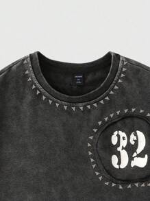 ROMWE MEN Street Life 男式做旧拼接铆钉印花水洗T恤 - 黑色 - 查看 3