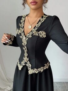 Elenzga 2-Piece Set For Women: V-Neck Long Sleeve Blouse With Contrast Ruffle Trim, Slim Fit; And Maxi Skirt, Elegant European Style, Suitable For Parties, Outings, Work, Music Festivals And More Occasions, Spring/Autumn Fall Cloth For Women - Black - View 6