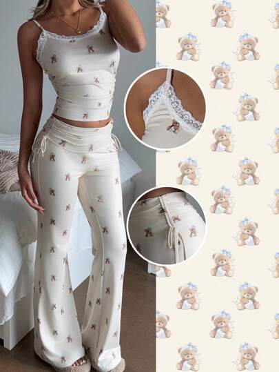 CovetEZ Women's Cartoon Bear Print Contrast Color Lace Camisole And Flare Pants Lounge Wear BM Style Suit