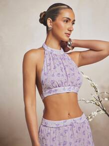 L'Amorae 女士紫色花卉印花优雅半身裙 - 淡紫色 - 查看 4