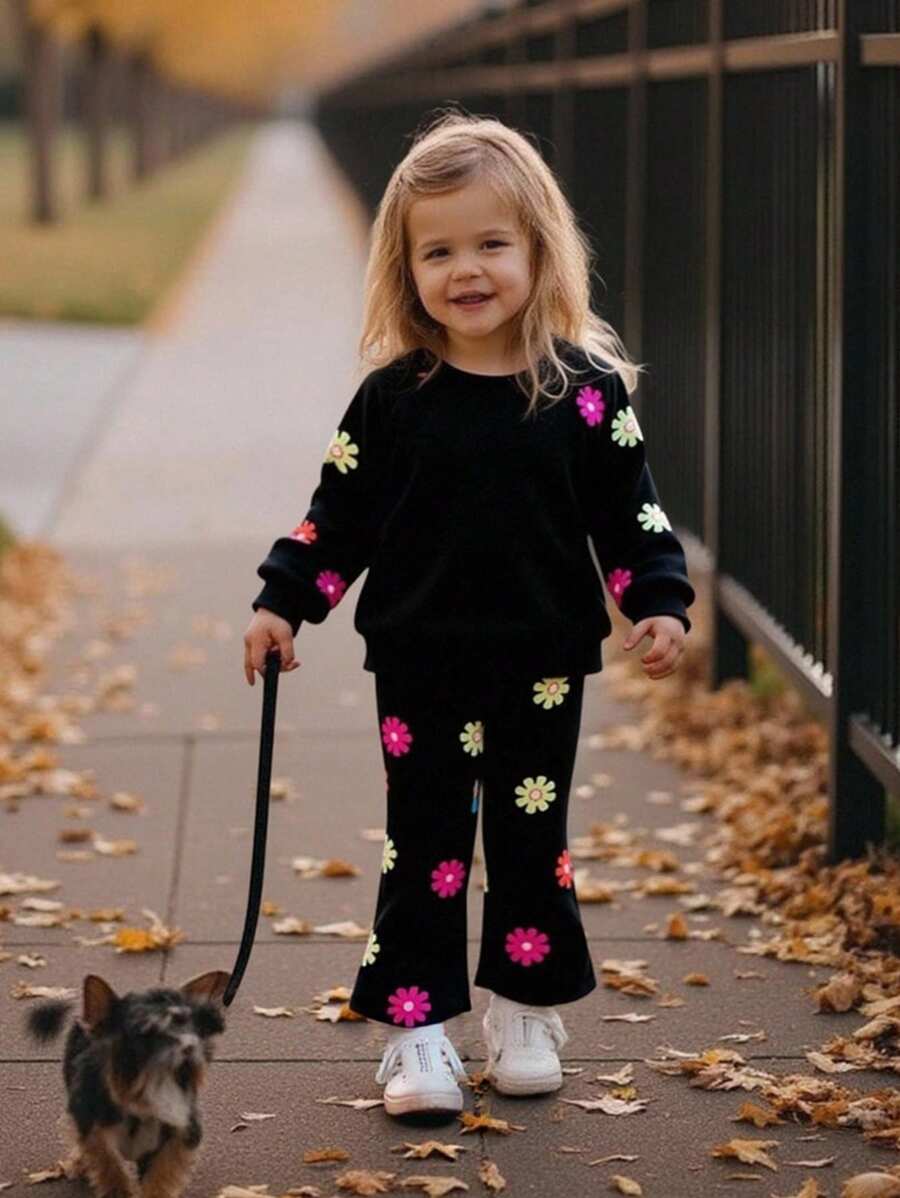 Emery Rose Kids Emery Rose Kids 女宝宝宽松休闲舒适圆领长袖花卉印花卫衣和裤子套装 - 黑色 - 查看 1