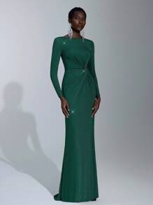 Elitara 纯色扭结长袖伴娘晚礼服，女士正式舞会礼服优雅舞会婚礼宾客礼服，适合毕业典礼、晚宴派对礼服