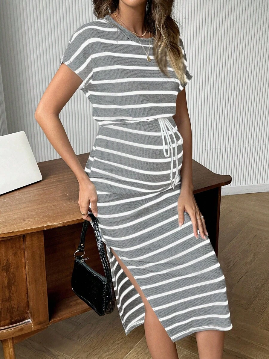 SHEIN 休闲条纹下摆H字形抽绳腰孕妇装 - 灰色 - 查看 1