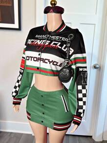 Slaydiva New Summer And Early Autumn Casual Street Motorcycle Style Daily Dating Retro Party Baseball Collar Drop Shoulder Long Sleeve Loose Cropped Jacket Top + Hip Mini Skirt Black And White Plaid Print Slogan Logo23 Digital Print Dark Green Sweater Suit Women's Two Pieces Suit-A - Multicolor - View 7