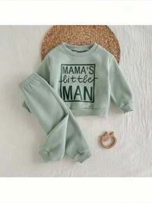 Loomiva 2 件套男婴字母图案针织柔软圆领长袖运动衫和松紧腰裤套装 - 杏色 - 查看 3