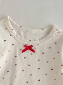 Loomiva Baby Girls' Cherry Print 2pcs Set,Red Autumn Long Sleeve Knitted T-Shirt & Pants,100% Cotton Cute Modest Family Matching Clothes,Bow Decor Baby Outfit - Beige - View 5
