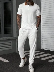 Manfinity CasualCool 男士高级提花菱形纹理 Polo 衫及菱形纹理长裤套装，拼色设计 - 白色 - 查看 3