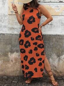 Breezaya Plus Leopard Print Split Thigh Dress For Summer Vacation Maxi Women Outfit - Orange - View 5