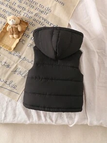 SHEIN Vintaside Kids 女婴休闲百搭连帽夹克背心，拉链开合，冬季，日常穿着