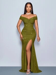 SOLERSUN 适合圣诞派对度假和约会优雅的勃艮第优雅扭曲露肩露背肩带高开叉美人鱼连衣裙，带有金属光泽的超长女士服装