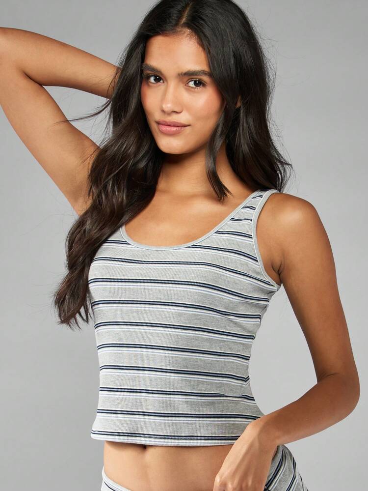 MISSGUIDED Ribbed Knit Tank Top Fitted Summer Basic Sleeveless Crop Tank Top Striped Pattern Stretch Fabric Racer Back Scoop Neck Loungewear Casual Beach Holiday Wear
