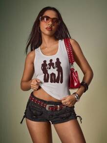 Y2Kool BiGraphic 女式修身朋克五角星印花性感吊带背心，休闲上衣，适合返校、度假、派对图案 T 恤，女式短款嬉皮上衣，Y2K 服装 - 白色 - 查看 4