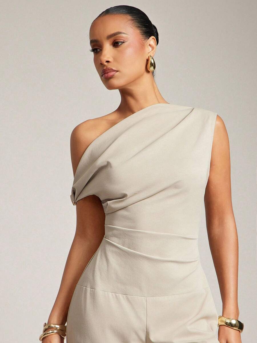 Hauture 女式不对称缀饰褶饰单肩垂坠上衣，女式日常上衣 - 卡其色 - 查看 1