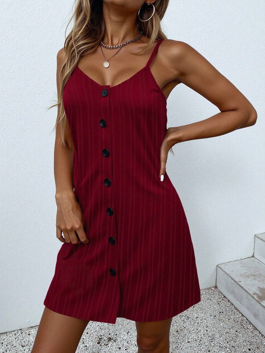 SHEIN LUNE Của phụ nữ Nút Trang trí Dải mỏng Váy dây treo - Đỏ - Xem 1