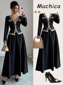 Elenzga 2-Piece Set For Women: V-Neck Long Sleeve Blouse With Contrast Ruffle Trim, Slim Fit; And Maxi Skirt, Elegant European Style, Suitable For Parties, Outings, Work, Music Festivals And More Occasions, Spring/Autumn Fall Cloth For Women - Black - View 1